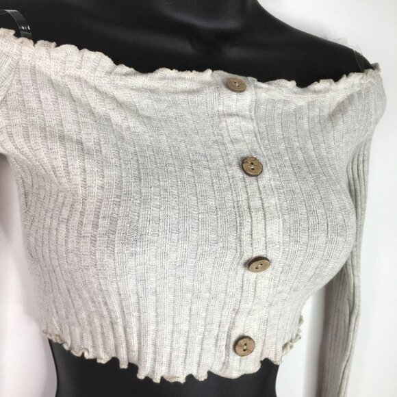 Long Sleeves Off Shoulder Knit Crop top MayPink - Picture 2 of 4